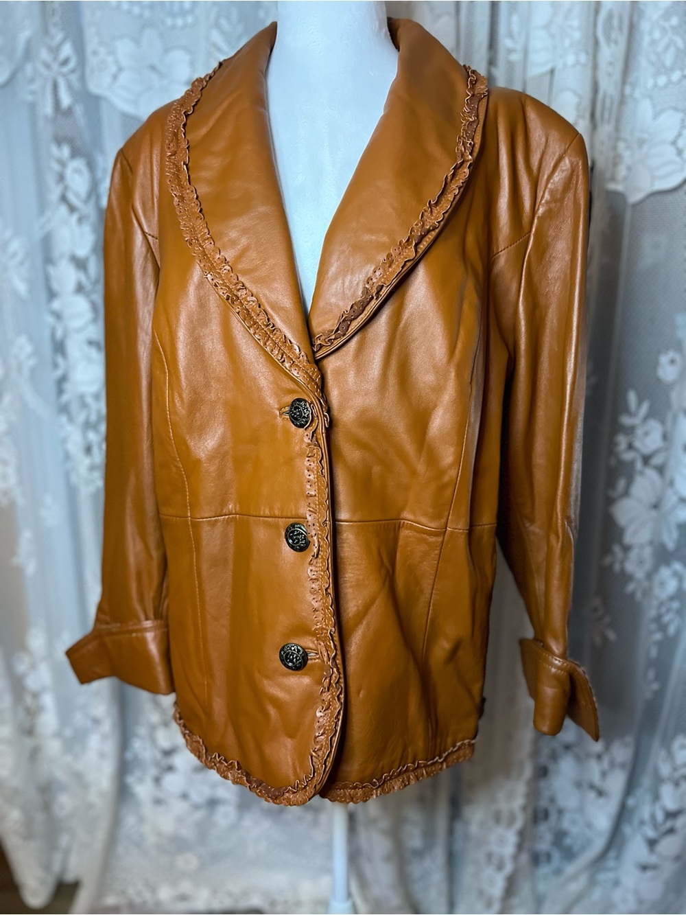 100% Genuine Leather Plus Size Button-Front Jacket with Ruffle Trim 1X